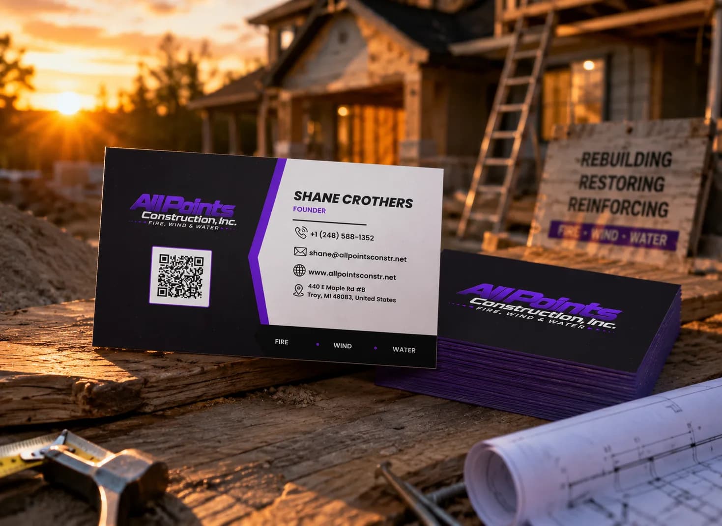 Recommended image: Professional residential insurance restoration scene showing a damaged Michigan home being inspected by a construction professional, with visible roof and exterior damage, realistic photography, clean professional appearance.